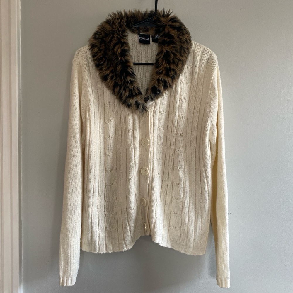 Erika Women's Cream Cardigan with Faux Fur Collar